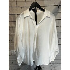 Stitch + Feather White Textured Split Neck Oversized Blouse Top ML Long Sleeve